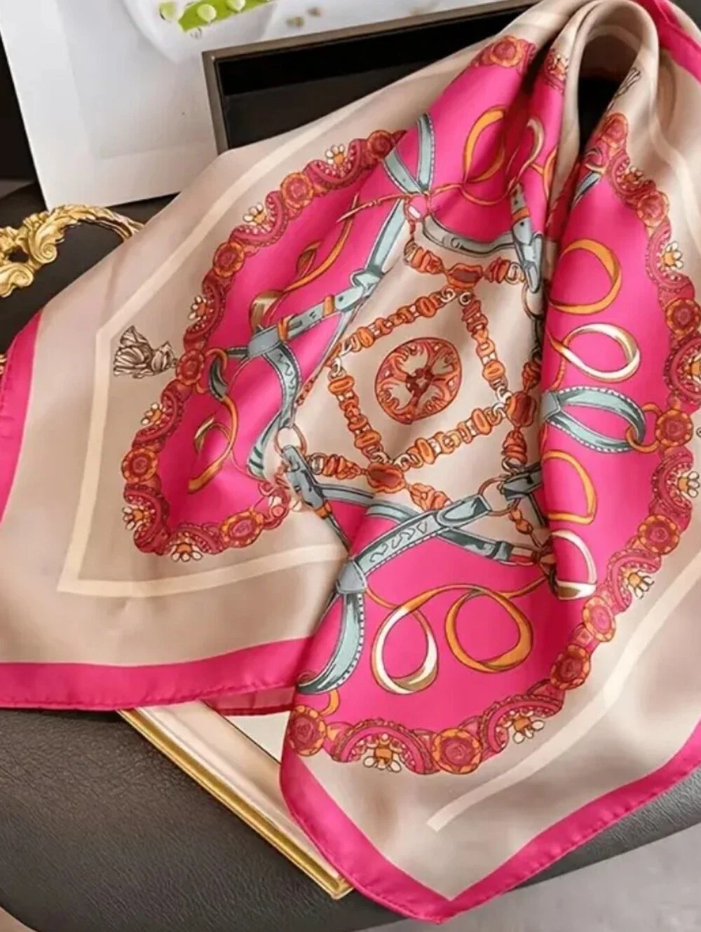 Silk-Feel Pink Chain Print Neck Scarf, Head Scarf
